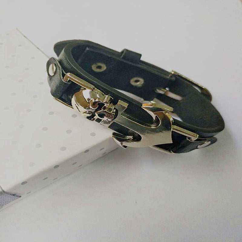Wholesale Vintage PU leather punk skull leather bracelet